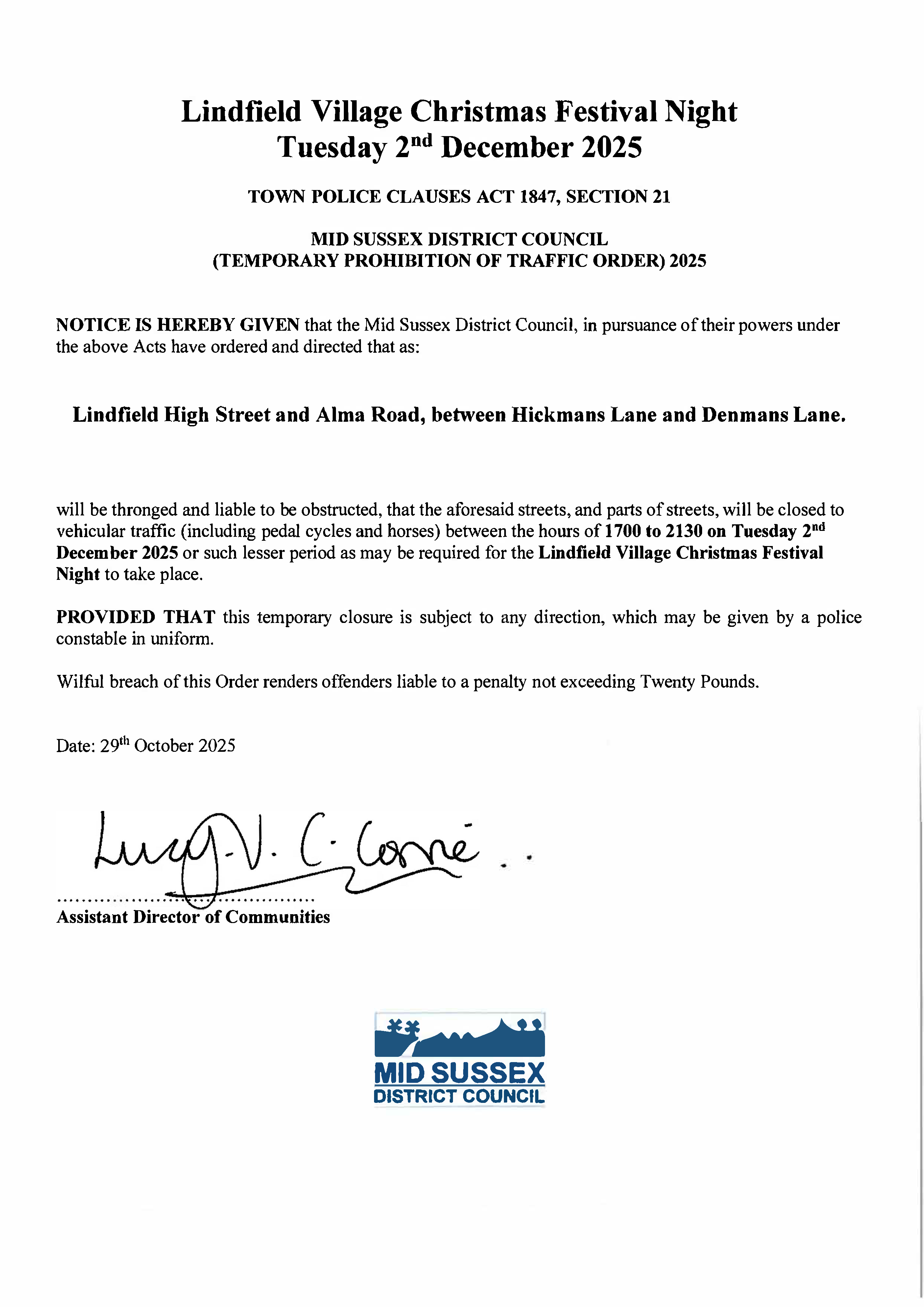 High Street Road Closure 5pm to 9:30 pm Tuesday 2nd December 2025