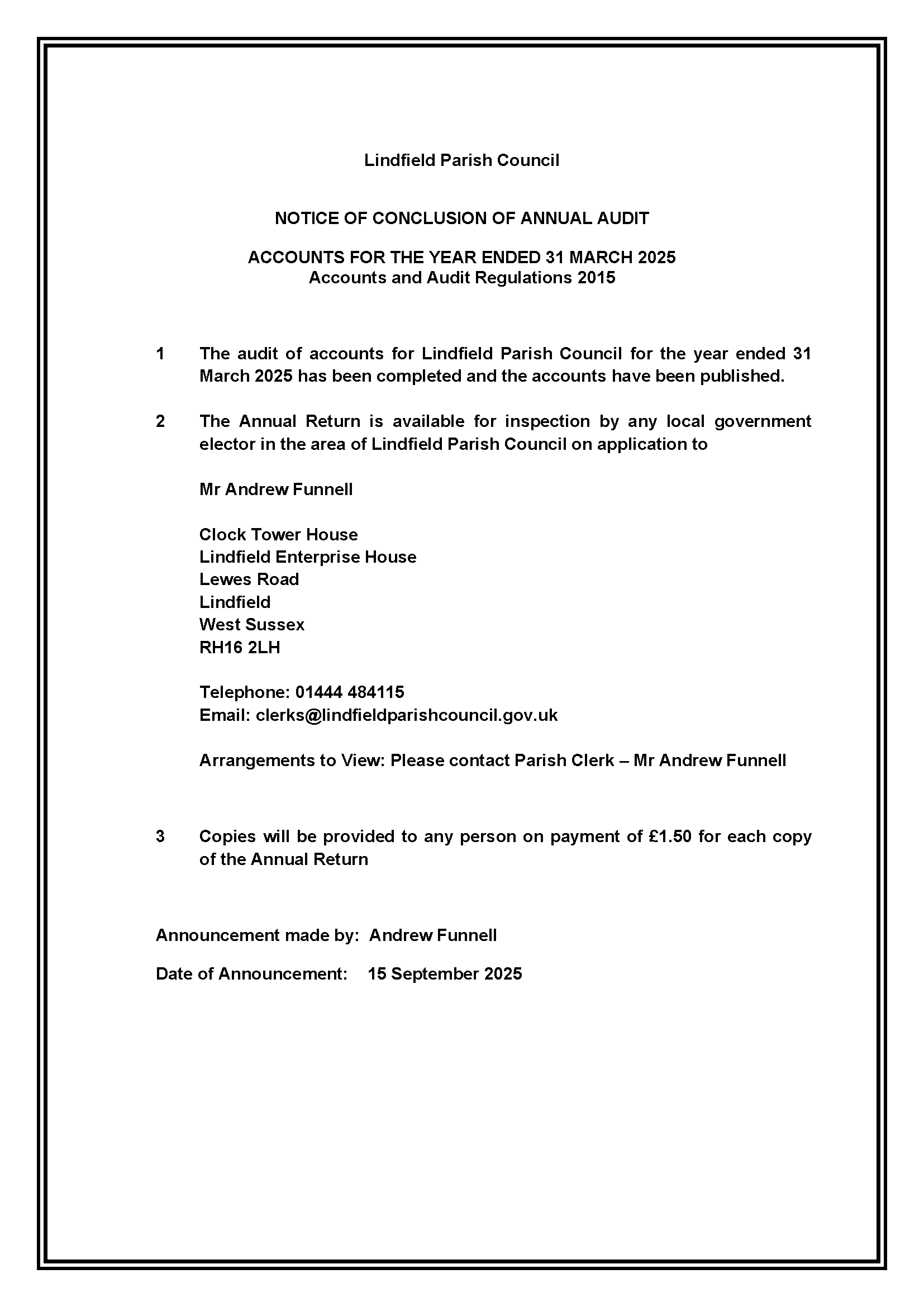 Conclusion on Annual Audit